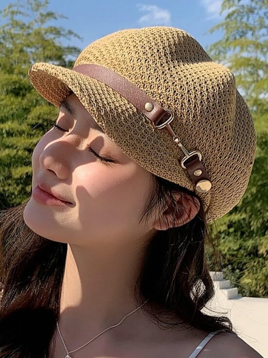 Women\'s Newsboy Cap Beret Breathable Mesh Sun Beach Hats Octagonal Hat Caramel